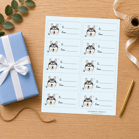 Siberian Husky Pawprint Wishes Gift Tag Sticker Sheet - London Penny Gift Wrap