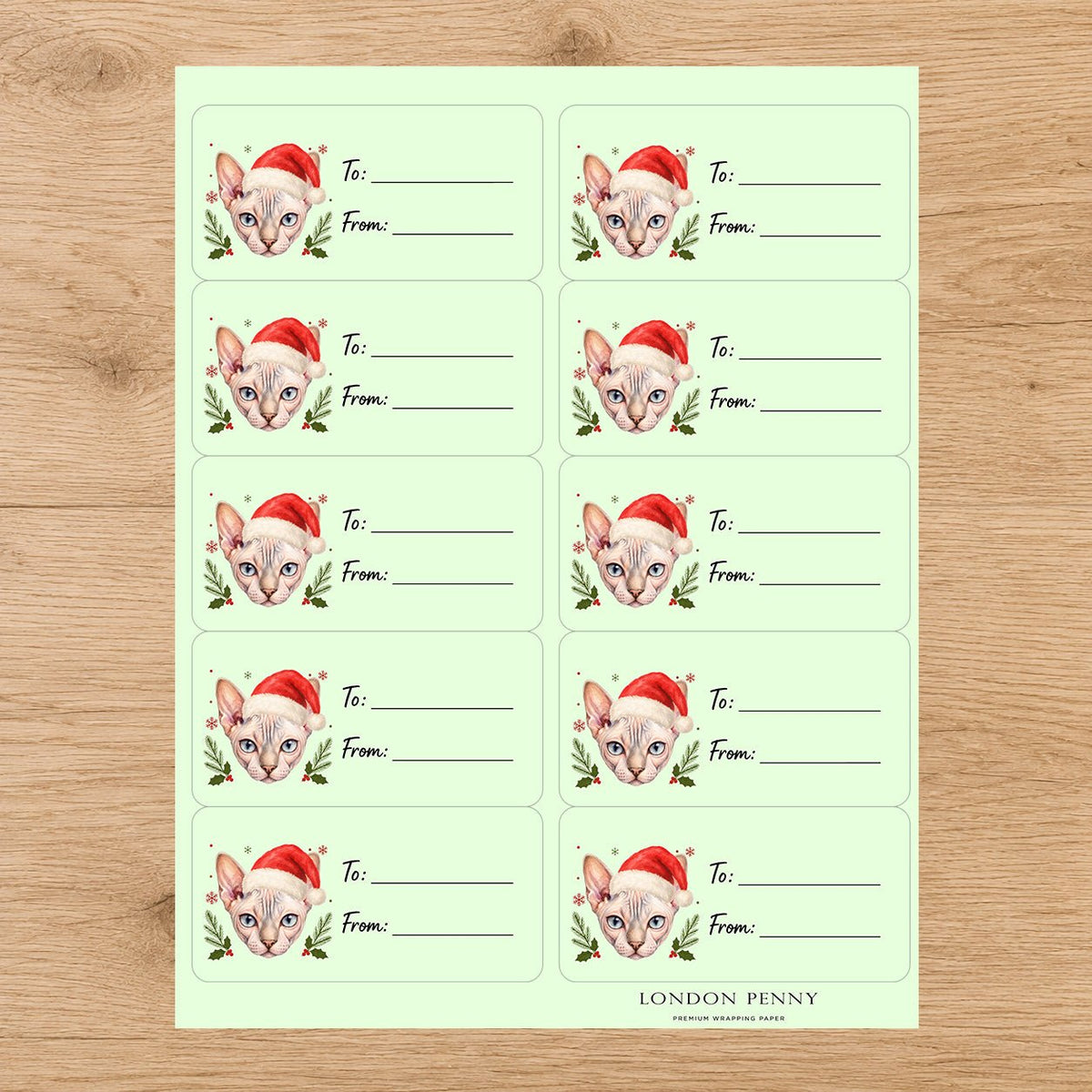 Sphynx Santa Paws Gift Tag Sticker Sheet - London Penny Gift Wrap