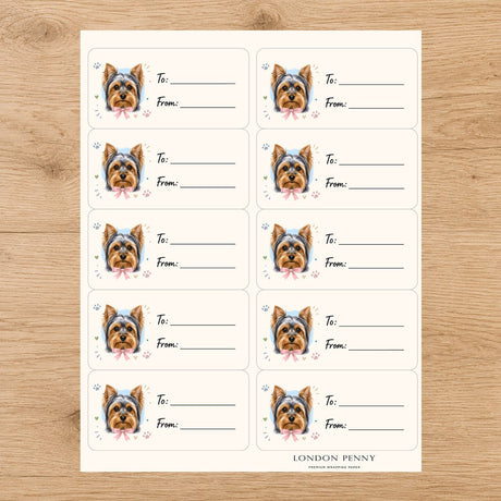 Yorkshire Terrier Paws & Bows Gift Tag Sticker Sheet - London Penny Gift Wrap