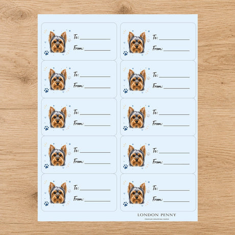Yorkshire Terrier Pawprint Wishes Gift Tag Sticker Sheet - London Penny Gift Wrap