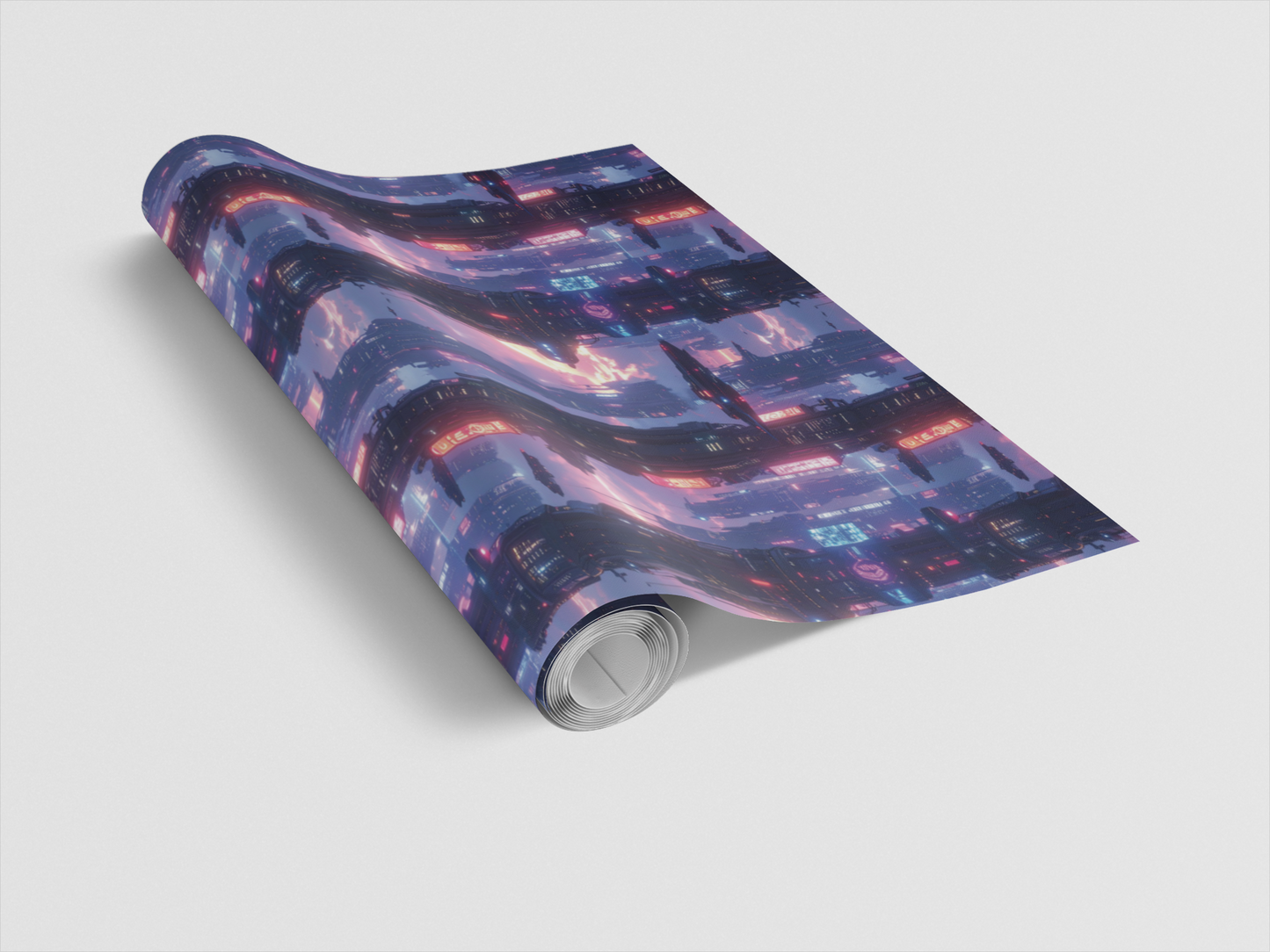 Neon Skyline Megacity Orbit Glossy Wrapping Paper