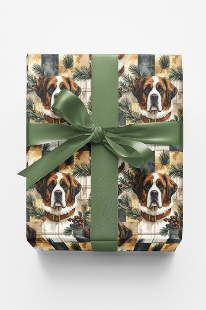 Rustic Plaid Retreat (St. Bernard) Wrapping Paper