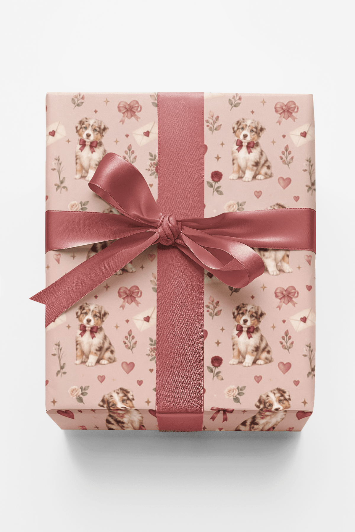 Red merle Aussie Valentine’s Puppies Wrapping Paper - London Penny Gift Wrap
