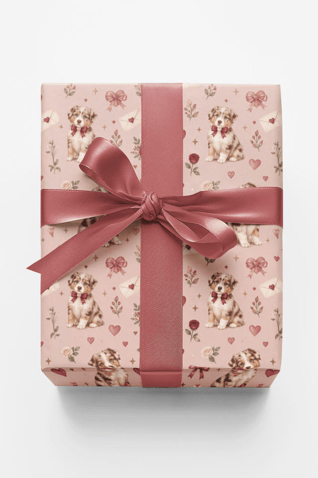 Red merle Aussie Valentine’s Puppies Wrapping Paper - London Penny Gift Wrap