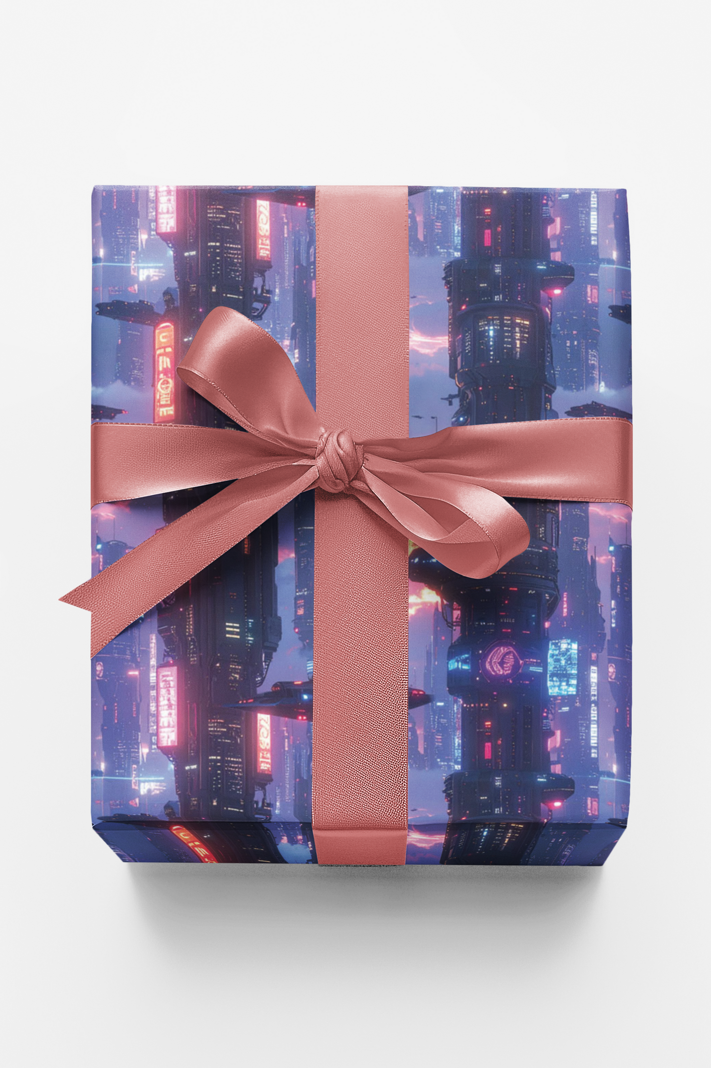 Neon Skyline Megacity Orbit Glossy Wrapping Paper