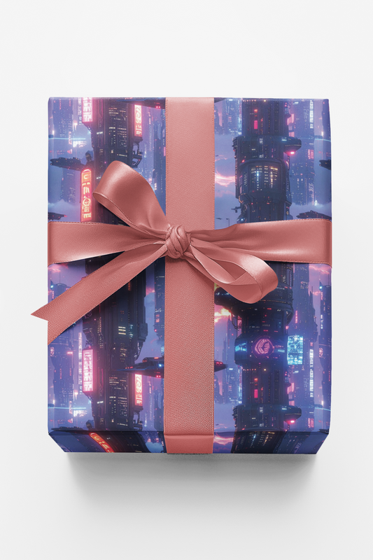 Neon Skyline Megacity Orbit Glossy Wrapping Paper