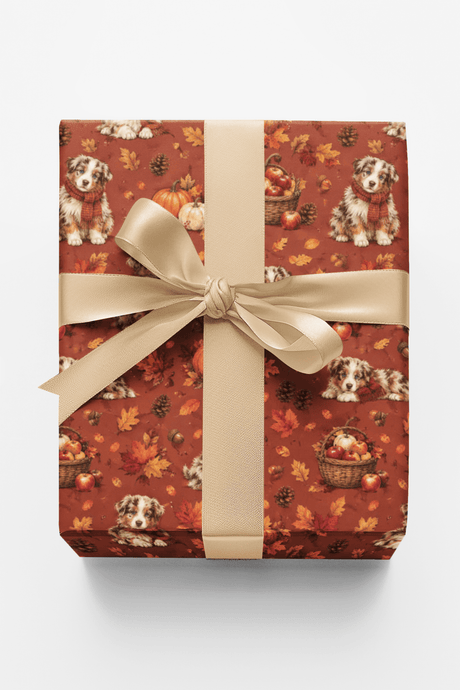 Red merle Aussie Autumn Harvest Wrapping Paper - London Penny Gift Wrap