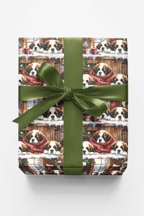 Cozy Cabin Christmas (St. Bernard) Glossy Wrapping Paper - London Penny Gift Wrap