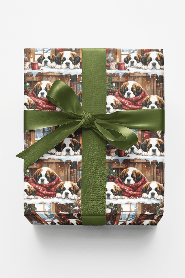 Cozy Cabin Christmas (St. Bernard) Glossy Wrapping Paper - London Penny Gift Wrap