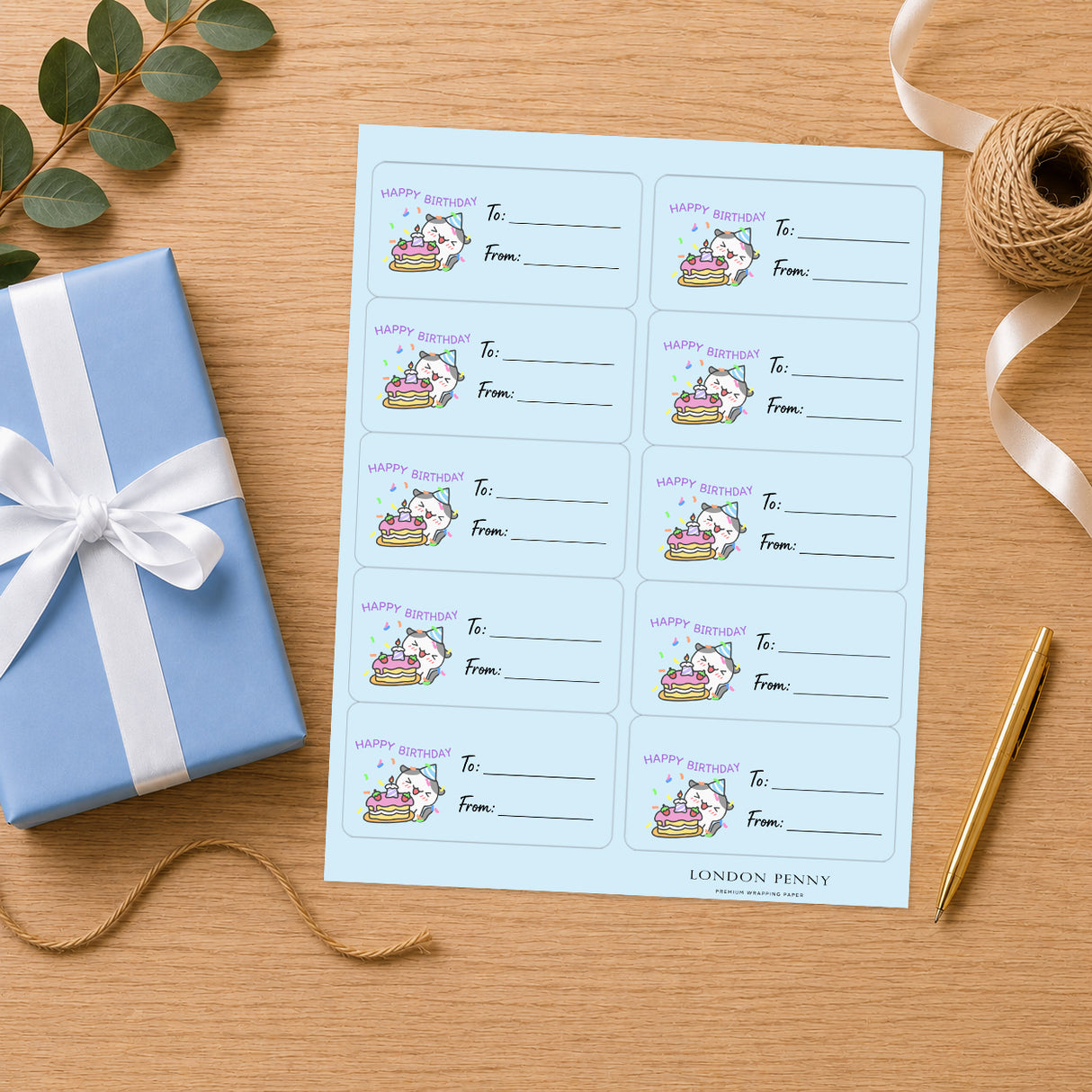Whiskers & Birthday Wishes Gift Tag Sticker Sheet
