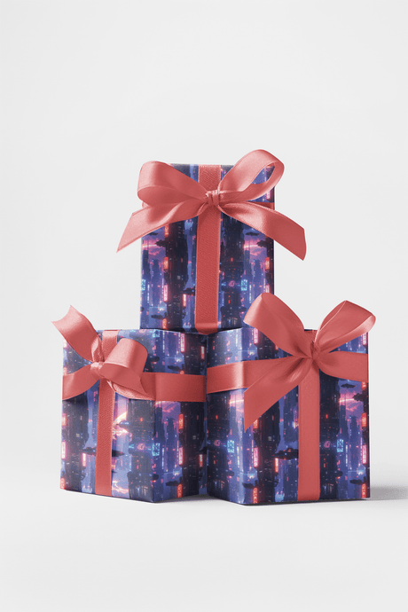 Neon Skyline Megacity Orbit Glossy Wrapping Paper - London Penny Gift Wrap